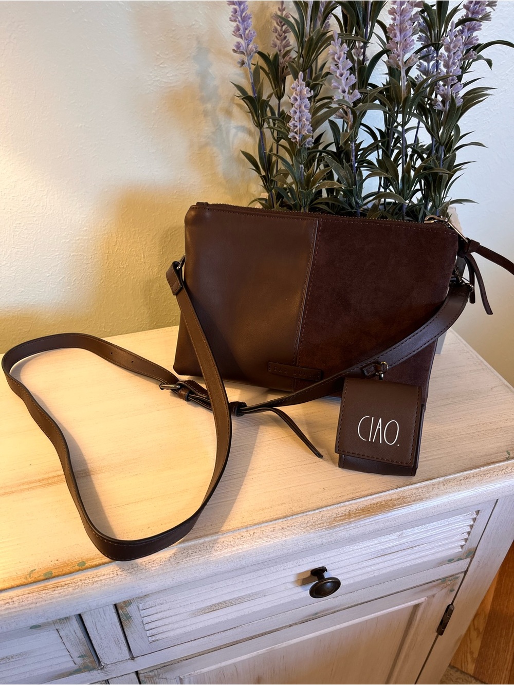 Rae Dunn Dark Brown Faux Leather & Suede Panel Crossbody Bag w/ Pouch NWOT
